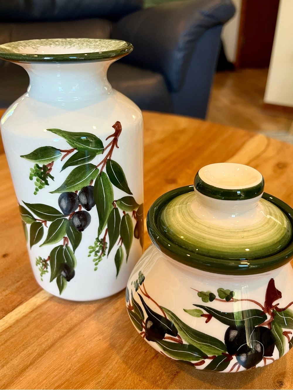 Hand-Painted Olive Motif Ceramic Vase and Jar Set - Green and White
